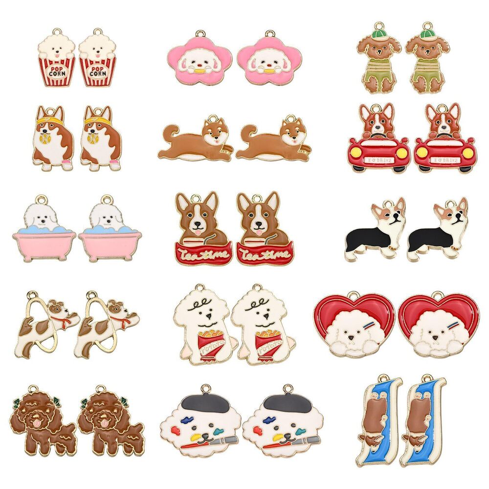 9919 30 pcs 15 Styles Gold Plated Enamel Pet Dog Dangle Cute Animals Charms